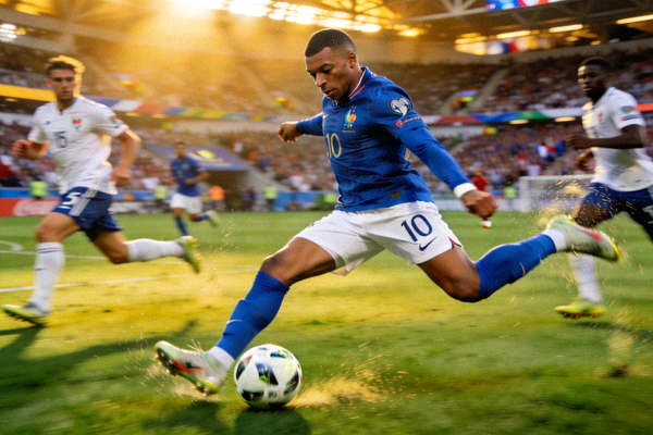 法国球星姆巴佩在世界杯赛场带球突破的瞬间，展现其惊人的启动速度