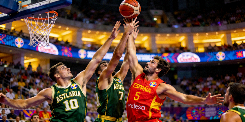 篮球世界杯西班牙队与澳大利亚队比赛中，球员争抢篮板的激烈场面