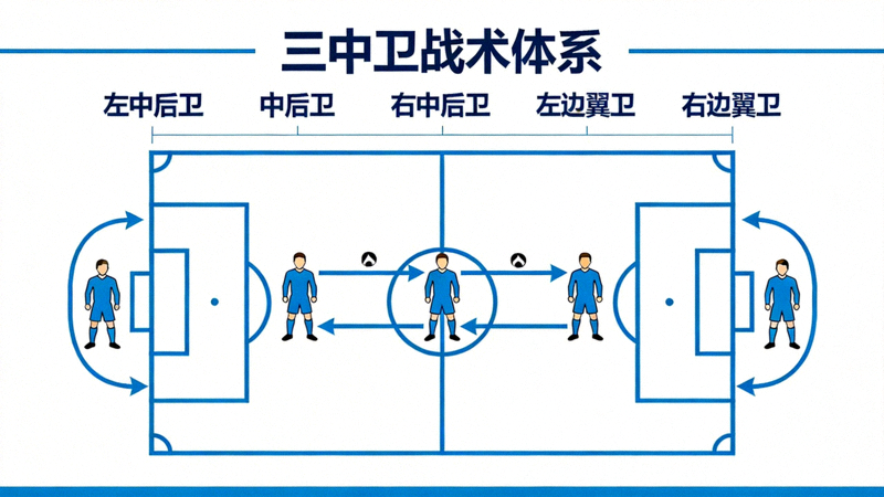 三中卫战术体系示意图，展示边翼卫上下往返与中后卫前插的组织结构