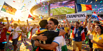 世界杯球迷在赛场外庆祝胜利的欢乐场景