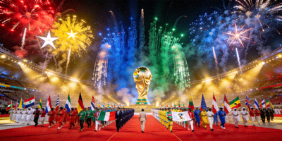足球世界杯开幕式盛况 - 绚烂烟火与各国代表队入场
