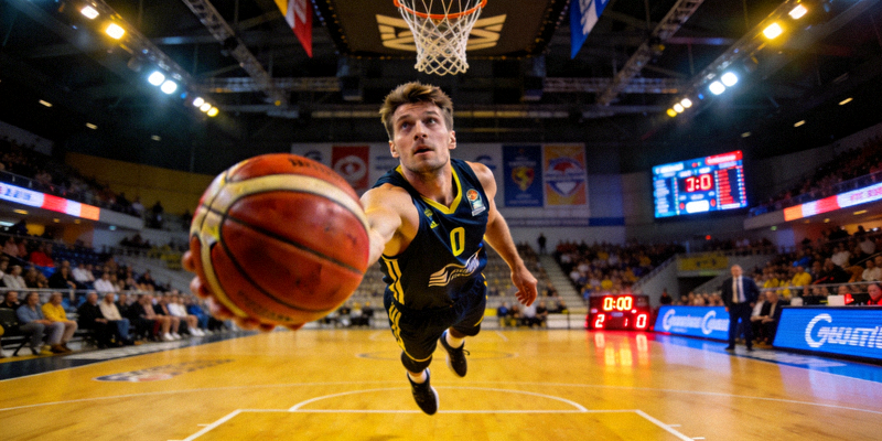 欧洲篮球明星在三分线外精准投篮的赛场画面