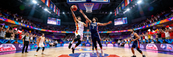 篮球世界杯激烈比赛现场 - 球员空中对抗上篮瞬间