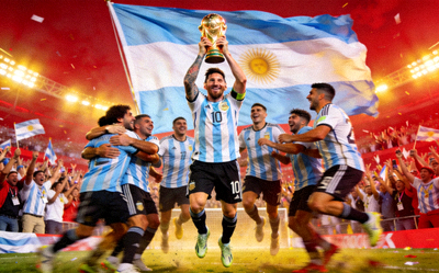 足球世界杯阿根廷队夺冠庆祝时刻 - 梅西高举奖杯